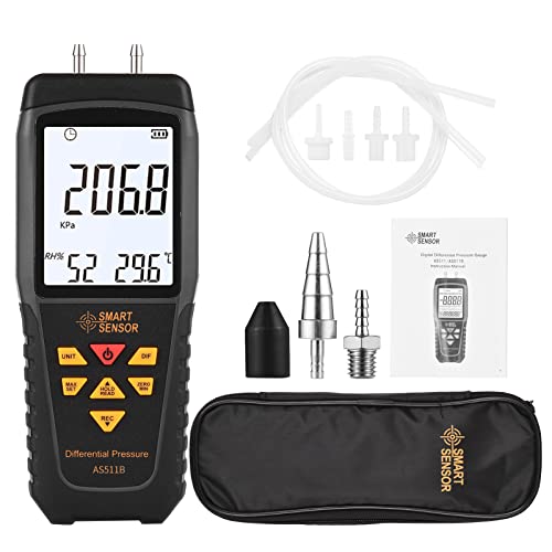 KKnoon AS511B Digitales Differenzdruckmessgerät -206,8~206,8 KPA Manometer Luftgasdruckprüfgerät mit zwei Anschlüssen und LCD-Display mit Hintergrundbeleuchtung von KKnoon