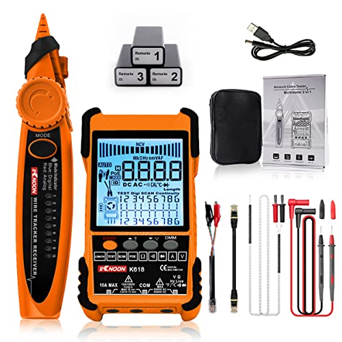 KKnoon Netzwerk Kabel Tester POE Kabeltester mit LCD-Display, Multimeter Strom Stromspannung Widerstand Test Temperatur Messung Kurzschluss Offener Stromkreis Messung mit 3 ID-Paarung Zubehör von KKnoon