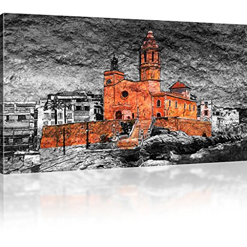 KL KUNSTLAB Kirche Sant Bartomeu i Santa Tecla de Sitges Spanien Bild auf Leinwand Strand Wandbilder auf Leinwand - 100x55 cm 1-Teilig: Schwarz-Weiss von KL KUNSTLAB