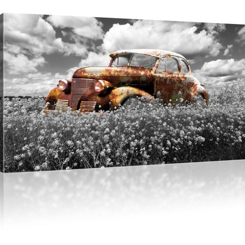 KL KUNSTLAB Rostiger Oldtimer Bild auf Leinwand Auto Leinwandbild Wiese Wandbild - 100x55 cm 1-Teilig: Schwarz-Weiss von KL KUNSTLAB
