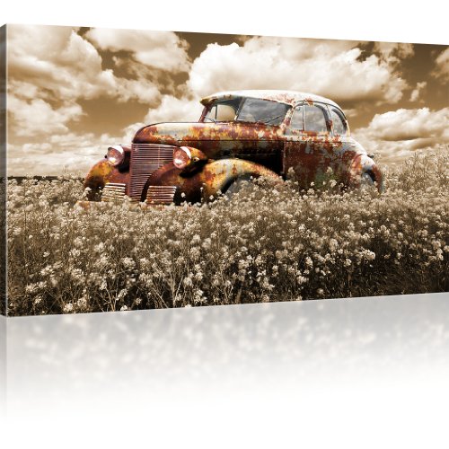 KL KUNSTLAB Rostiger Oldtimer Bild auf Leinwand Auto Leinwandbild Wiese Wandbild - 80x45 cm 1-Teilig: Sepia von KL KUNSTLAB