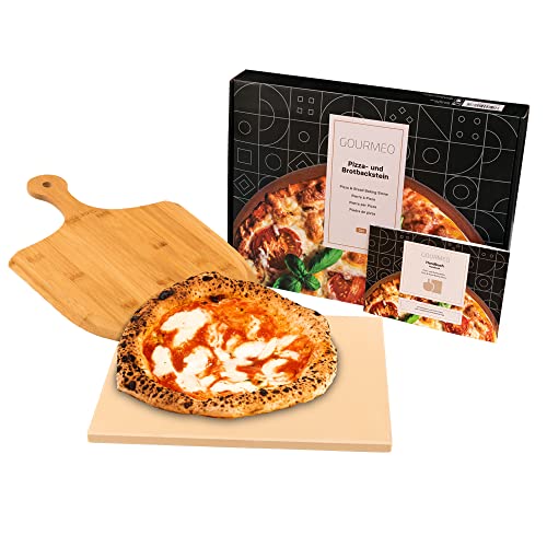 GOURMEO Pizzastein Set mit Bambus-Schaufel - 38x30cm Eckig - Cordierite Pizza Stein für Backofen, Gasgrill & Grill - Gleichmäßige Hitzeverteilung & leichte Reinigung von GOURMEO