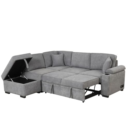 222 cm Schlafsofa, 2-in-1 ausziehbares Schlafsofa, L-Form, Couch, Schlafzimmer, Couch und kleines Apartment, Grau von KLAJHHSSSSSSSSS