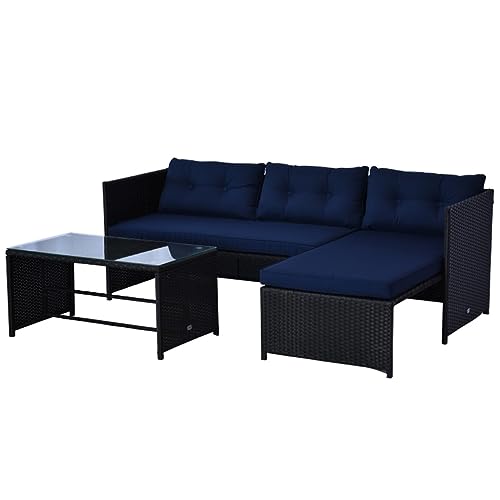 3-teiliges Rattan-Sofa-Set mit Chaiselongue und Loveseat, weiche Kissen, Tisch aus gehärtetem Glas von KLAJHHSSSSSSSSS