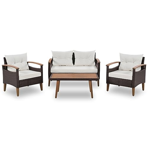 4-teiliges Gartenmöbel Sitzgruppe Sitzgruppe PE Rattan Outdoor Sofa Set Holztisch und Beine von KLAJHHSSSSSSSSS
