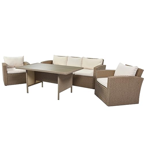 Outdoor Terrassenmöbel Set 4-teilig Gesprächsset Korbmöbel Sofagarnitur mit beigefarbenen Kissen von KLAJHHSSSSSSSSS