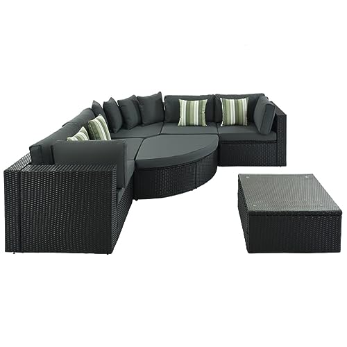Schwarzes 7-teiliges Rattan-Sofa-Set, Rattan-Sofa, Liege, mit gestreiften grünen Kissen, Gesprächssofa von KLAJHHSSSSSSSSS