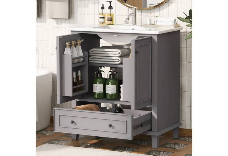 KLAM HOME Badkommode 76x46x87cm Bodenstehender Badezimmerschrank mit Waschbeck, Waschtisch (Beine aus Massivholz, Volllackierung, feuchtigkeits- und wasserdicht), Großer Stauraum, integriertes Keramikwaschbecken, weiß von KLAM HOME