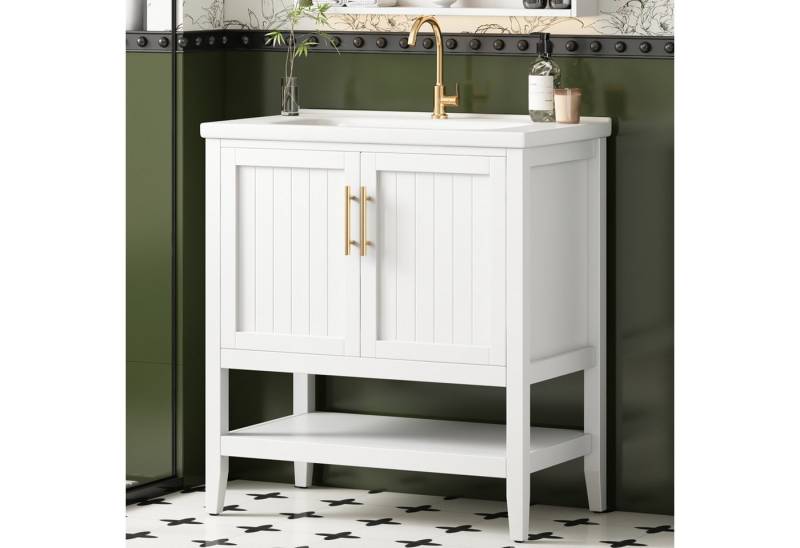 KLAM HOME Badmöbel-Set Badmöbel Waschtischunterschrank 80cm mit keramik-waschbecken, Einzelwaschtisch mit Ablage,weiß von KLAM HOME