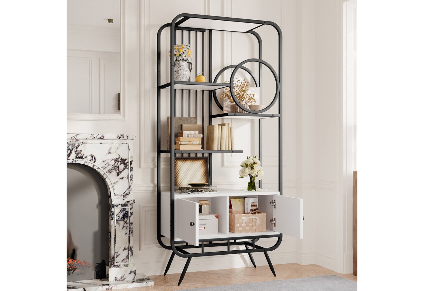 KLAM HOME Bücherregal 80 x 30 x 180 cm Metallregal, weißer Lagerschrank mit Doppeltür, drei Regalböden, schwarzes Metallregal, hohe Metallfüße, runde Dekoration, weiß + schwarz KLAM HOME Bücherregal 80 x 30 x 180 cm Metallregal, weißer Lagerschrank mit Doppeltür, drei Regalböden, schwarzes Metallregal, hohe Metallfüße, runde Dekoration, weiß + schwarz von KLAM HOME