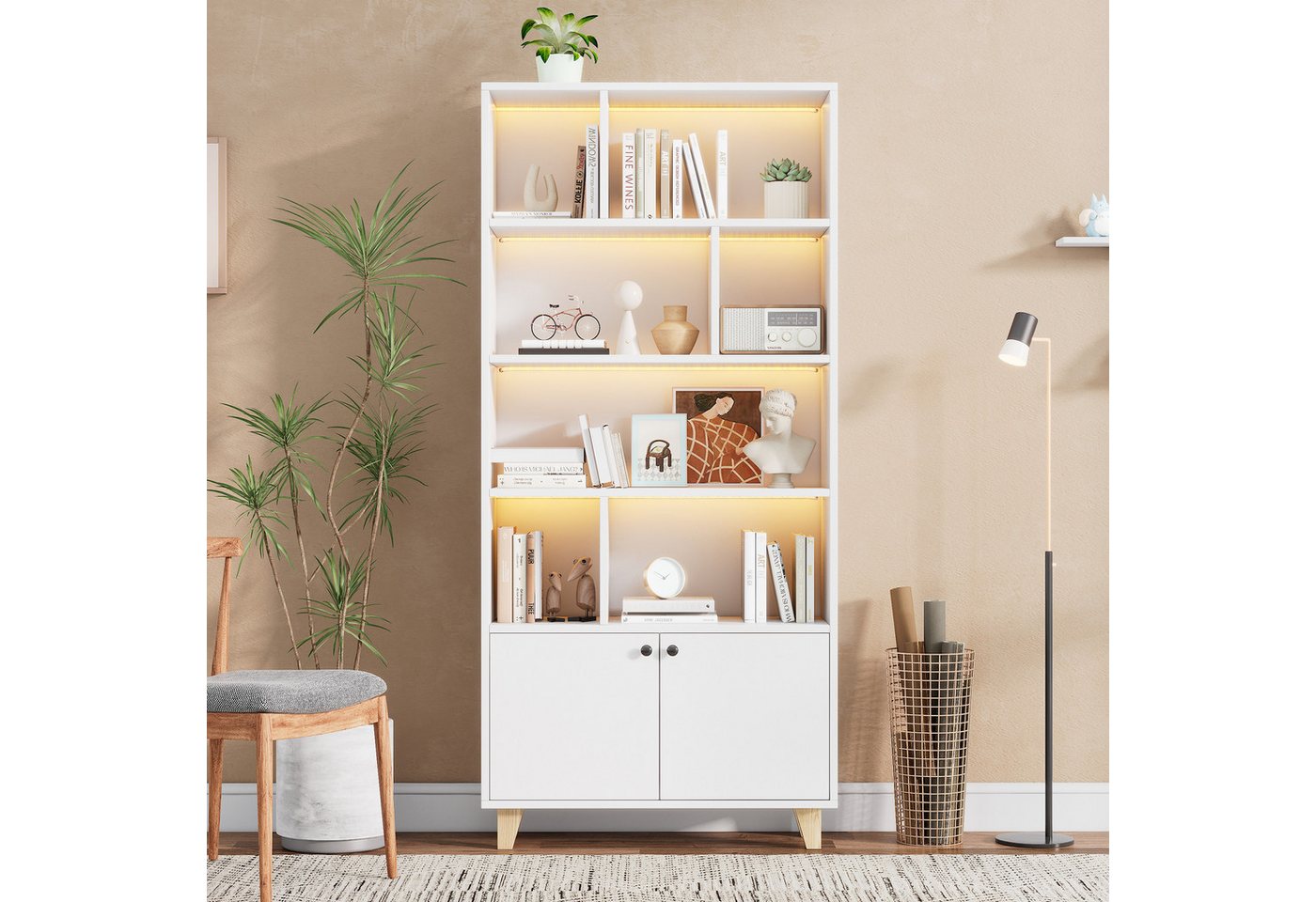 KLAM HOME Bücherregal 80x30x173cm Bücherregal, Beine aus Massivholz, mehrere Ablagefächer, Doppeltüren, LED-Farbwechsel-Ambientelicht, Fernbedienung KLAM HOME Bücherregal 80x30x173cm Bücherregal, Beine aus Massivholz, mehrere Ablagefächer, Doppeltüren, LED-Farbwechsel-Ambientelicht, Fernbedienung von KLAM HOME