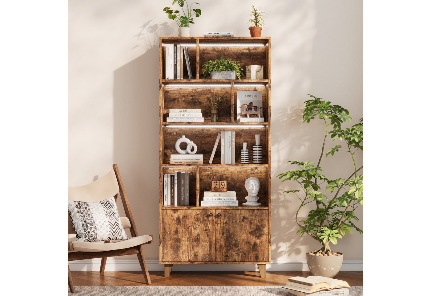 KLAM HOME Bücherregal 80x30x173cm Bücherregal, Beine aus Massivholz, mehrere Ablagefächer, Doppeltüren, LED-Farbwechsel-Ambientelicht, Fernbedienung KLAM HOME Bücherregal 80x30x173cm Bücherregal, Beine aus Massivholz, mehrere Ablagefächer, Doppeltüren, LED-Farbwechsel-Ambientelicht, Fernbedienung von KLAM HOME
