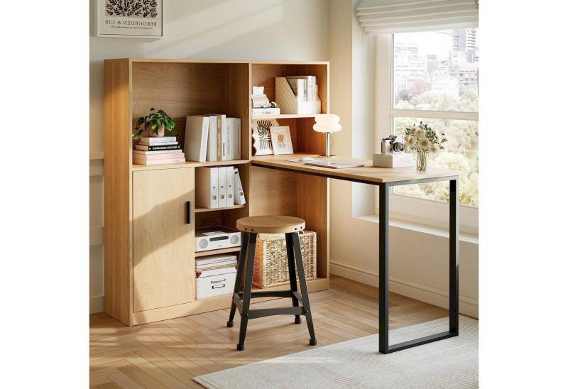 KLAM HOME Computertisch Regal-Schreibtisch,Schrankschreibtisch Arbeitstisch, Natur 120cm (Computertisch mit Bücherregal, Schrank und Stauraum), für Homeoffice, mit Metallrahmen und Integriertem Regal von KLAM HOME
