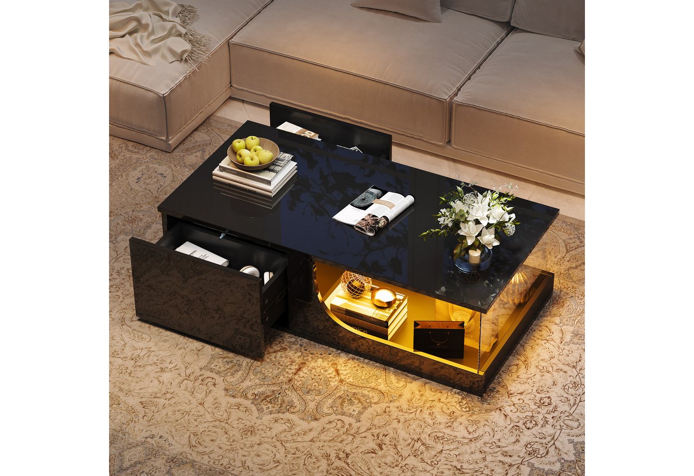 KLAM HOME Couchtisch 100*50*30cm Couchtisch,Sofatisch mit 2 Schubladen, MDF Wohnzimmertisch (Hochglanz Wohnzimmer Beistelltisch, schwarzer Designtisch), kaffeetisch mit LED,Tragender Tisch aus gehärtetem Glas von KLAM HOME