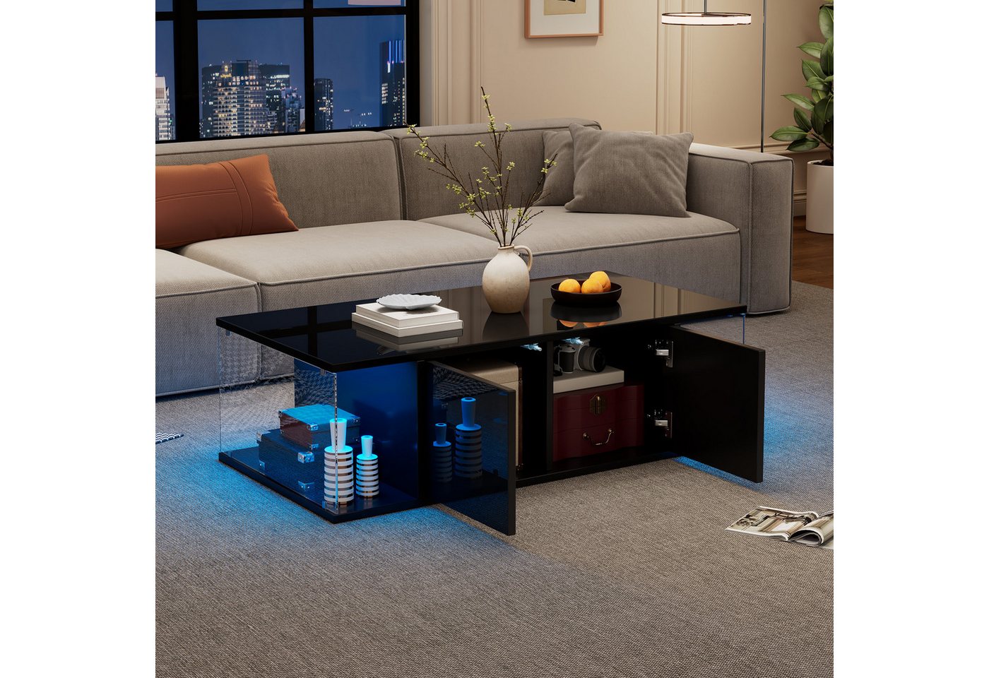 KLAM HOME Couchtisch 100*50*30cm Wohnzimmer-Couchtisch,Sofatisch mit LED (Hochglanz-Design + Hartglas-Design, Kaffeetisch mit 2 Schränken), Beistelltisch im schlichten Design,Schwarz, Spanplatte von KLAM HOME