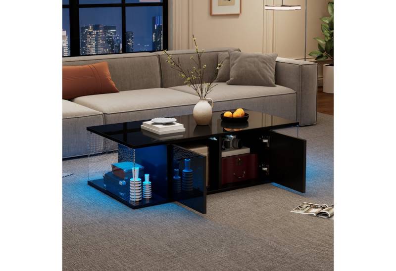 KLAM HOME Couchtisch 100*50*30cm Wohnzimmer-Couchtisch,Sofatisch mit LED (Hochglanz-Design + Hartglas-Design, Kaffeetisch mit 2 Schränken), Beistelltisch im schlichten Design,Schwarz, Spanplatte von KLAM HOME