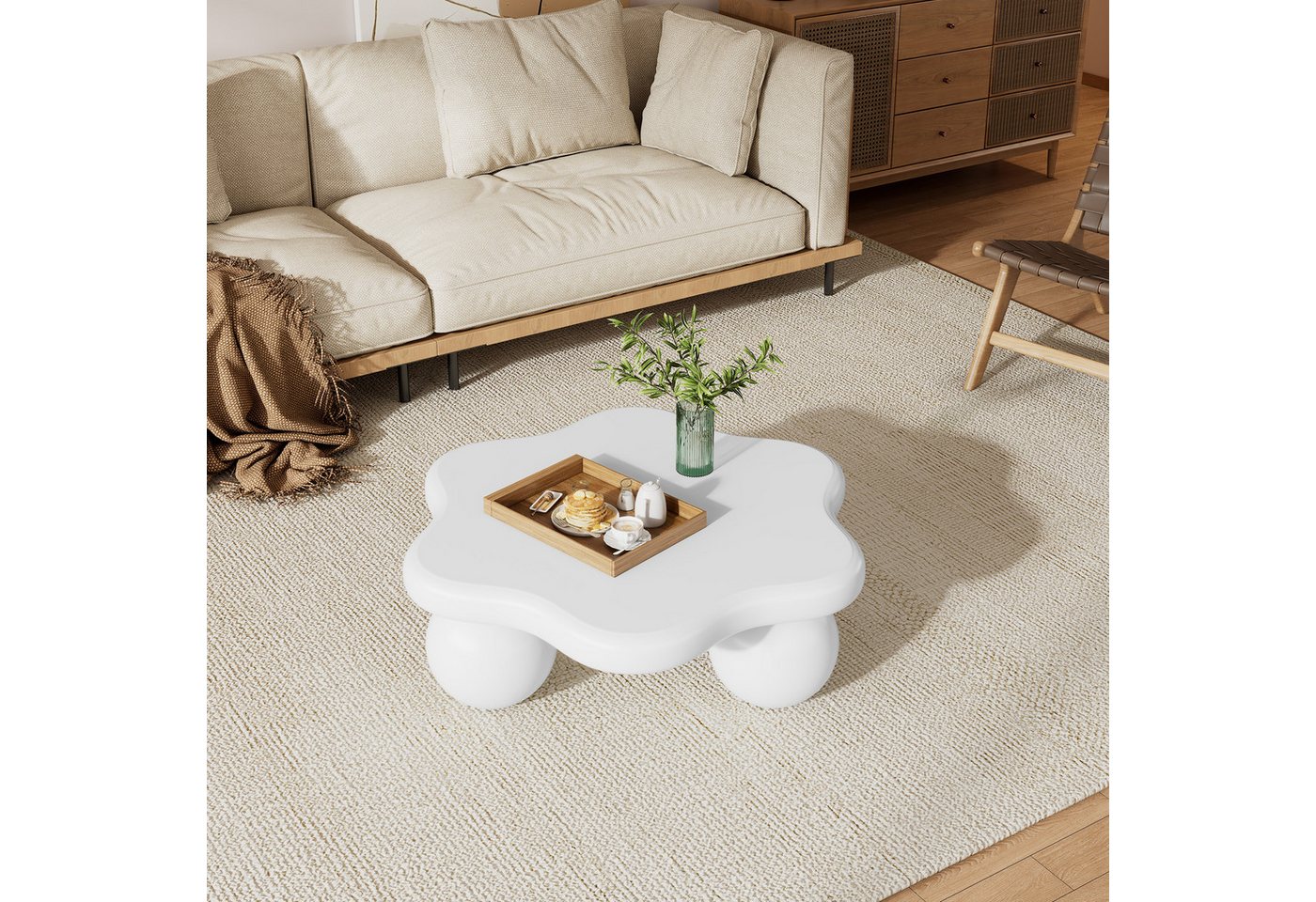 KLAM HOME Couchtisch 80*72*32cm einfacher Kaffeetish fürs Wohnzimmer (Blumen-Couchtisch cremeweiß - Moderner Sofatisch für Ihr Zuhause), Praktische 880*72*32cm Größe - Ideal als Sofatisch oder Beistelltisch von KLAM HOME