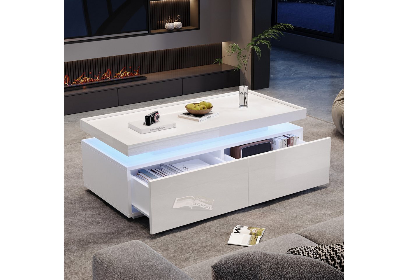 KLAM HOME Couchtisch 95*45*35cm Wohnzimmertisch mit LED, kaffeetisch mit 2 Schubladen (Hochglanz Sofatisch, moderner minimalistischer Tisch), Beistelltisch mit geometrischem Design von KLAM HOME