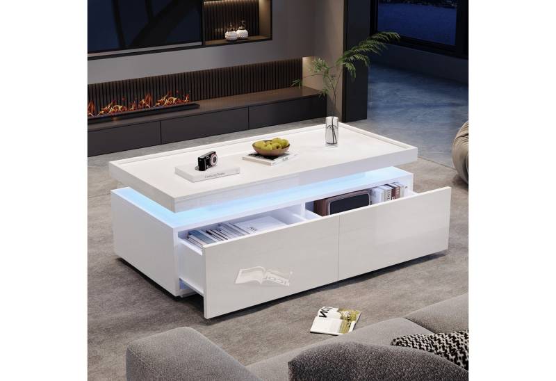 KLAM HOME Couchtisch 95*45*35cm Wohnzimmertisch mit LED, kaffeetisch mit 2 Schubladen (Hochglanz Sofatisch, moderner minimalistischer Tisch), Beistelltisch mit geometrischem Design von KLAM HOME