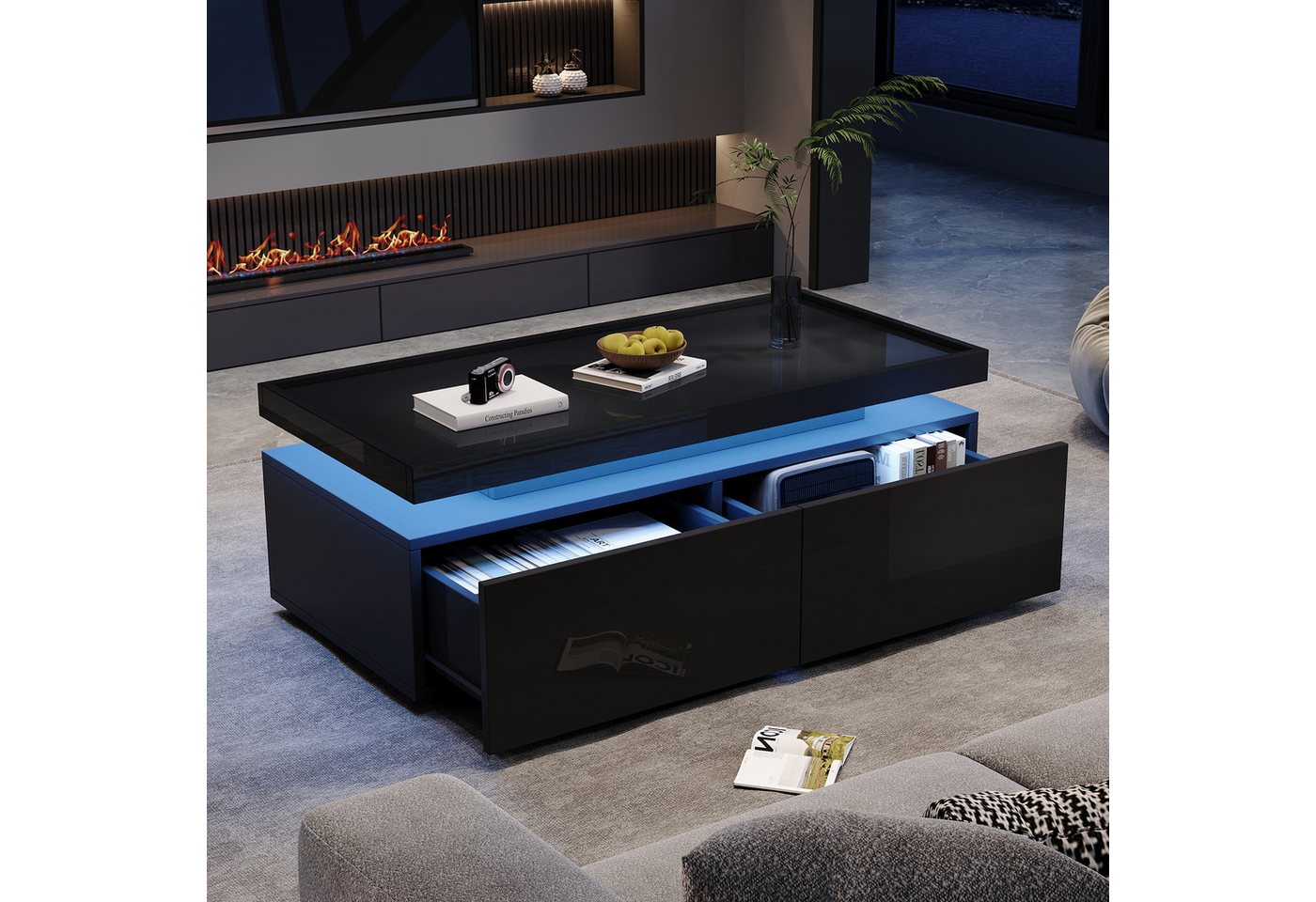 KLAM HOME Couchtisch 95*45*35cm Wohnzimmertisch mit LED, kaffeetisch mit 2 Schubladen (Hochglanz Sofatisch, moderner minimalistischer Tisch), Beistelltisch mit geometrischem Design von KLAM HOME