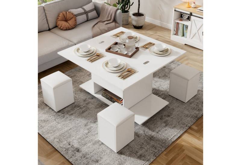 KLAM HOME Couchtisch Höhenverstellbarer Couchtisch Mit Anhebbarer Tischplatte Und Stauraum (Multifunktionaler Wohnzimmertisch In Weiß Mit 4 Integrierten Hockern), Moderner Esstisch Und Arbeitstisch 100x100cm von KLAM HOME