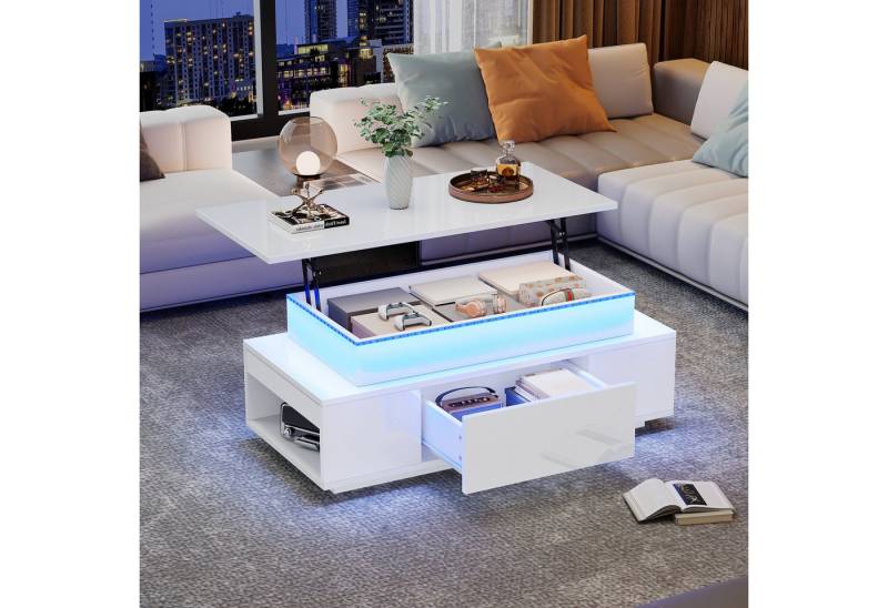 KLAM HOME Couchtisch Höhenverstellbarer Couchtisch Mit LED Beleuchtung Und Schublade (Multifunktionaler Kaffeetisch Mit Hydraulik Hub Und Stauraum), Modernes Wohnzimmer Beistelltisch In Weiß Hochglanz Für Büro Und Party von KLAM HOME