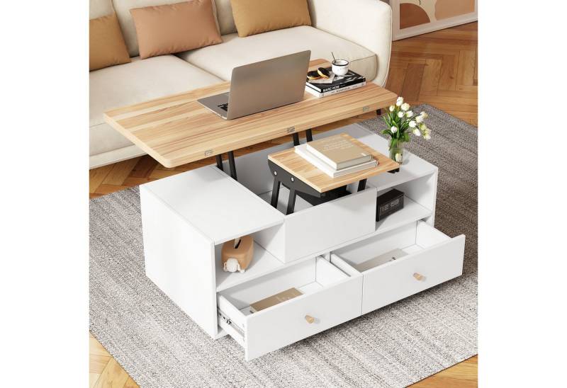 KLAM HOME Couchtisch Höhenverstellbarer Couchtisch mit Klappfunktion und 4 Schubladen (100 x 50 x 47,5 cm, ein großer und ein kleiner Hydraulik-Hubtisch), Sofatisch, beweglicher Wohnzimmertisch mit Universalrollen von KLAM HOME
