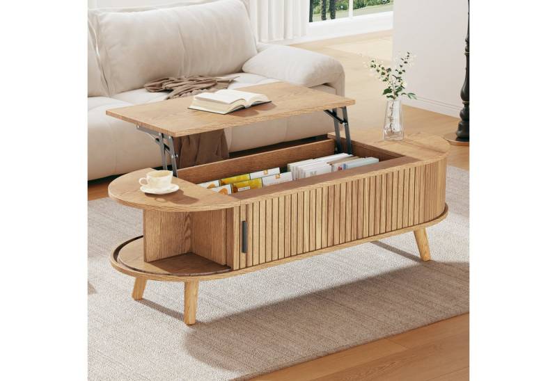 KLAM HOME Couchtisch Höhenverstellbarer Couchtisch mit verstecktem Stauraum (Praktischer Beistelltisch mit 5 Ablageflächen), Moderner Sofatisch in Nussbaum-Optik von KLAM HOME