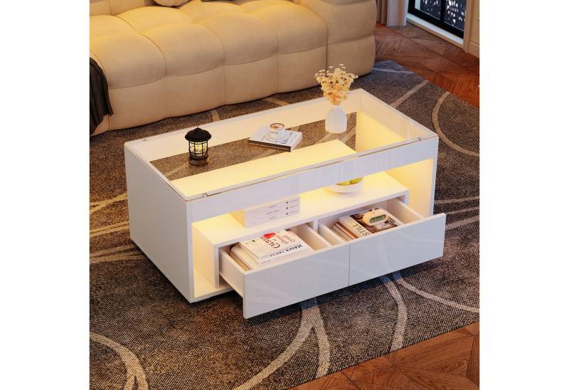 KLAM HOME Couchtisch Moderner Couchtisch mit 16-Farben LED-Beleuchtung (Eleganter Wohnzimmertisch mit großzügigem Stauraum), Praktischer Glas-Sofatisch mit Schubladen und Beleuchtungssteuerung von KLAM HOME