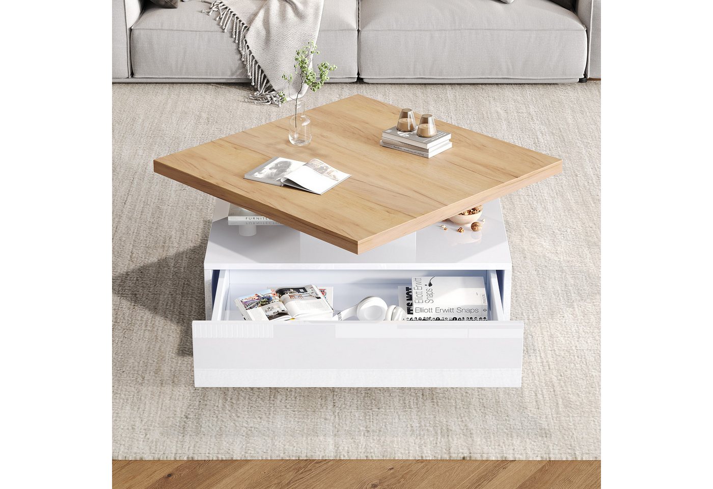 KLAM HOME Couchtisch Multifunktionaler Couchtisch Mit 360° Drehbarer Platte (Modernes Wohnzimmer Beistelltisch In Hochglanz Schwarz), Praktischer Ablagetisch Mit Zweistufigem Design von KLAM HOME