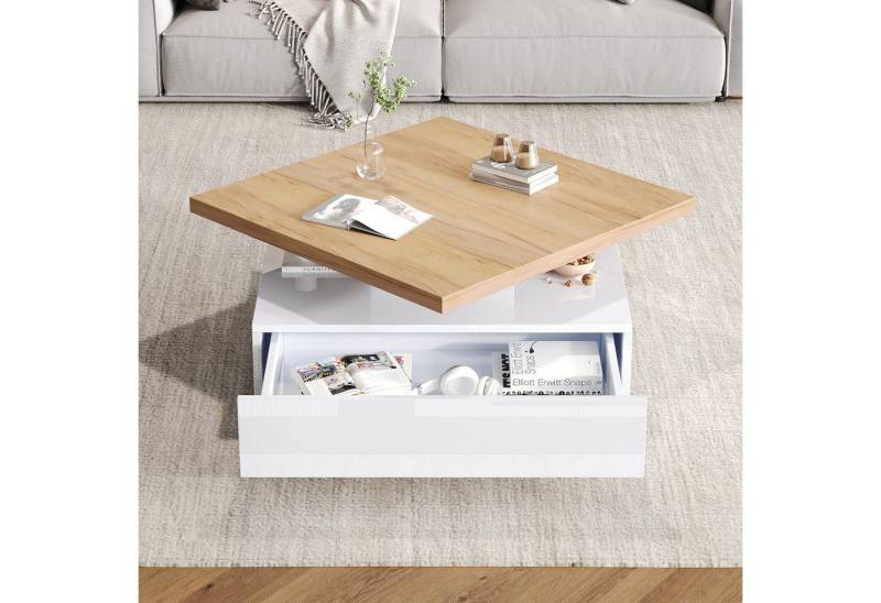 KLAM HOME Couchtisch Multifunktionaler Couchtisch Mit 360° Drehbarer Platte (Modernes Wohnzimmer Beistelltisch In Hochglanz Schwarz), Praktischer Ablagetisch Mit Zweistufigem Design von KLAM HOME