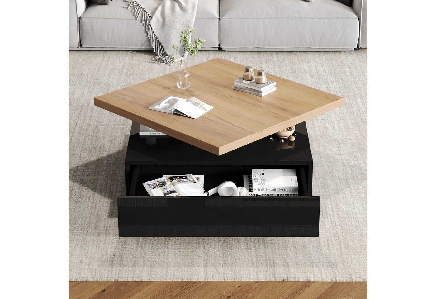 KLAM HOME Couchtisch Multifunktionaler Couchtisch Mit 360° Drehbarer Platte (Modernes Wohnzimmer Beistelltisch In Hochglanz Schwarz), Praktischer Ablagetisch Mit Zweistufigem Design von KLAM HOME