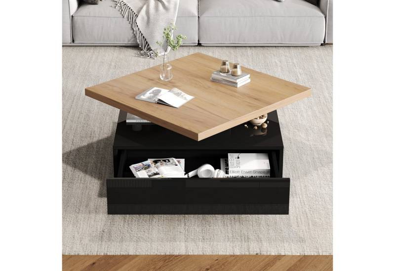 KLAM HOME Couchtisch Multifunktionaler Couchtisch Mit 360° Drehbarer Platte (Modernes Wohnzimmer Beistelltisch In Hochglanz Schwarz), Praktischer Ablagetisch Mit Zweistufigem Design von KLAM HOME