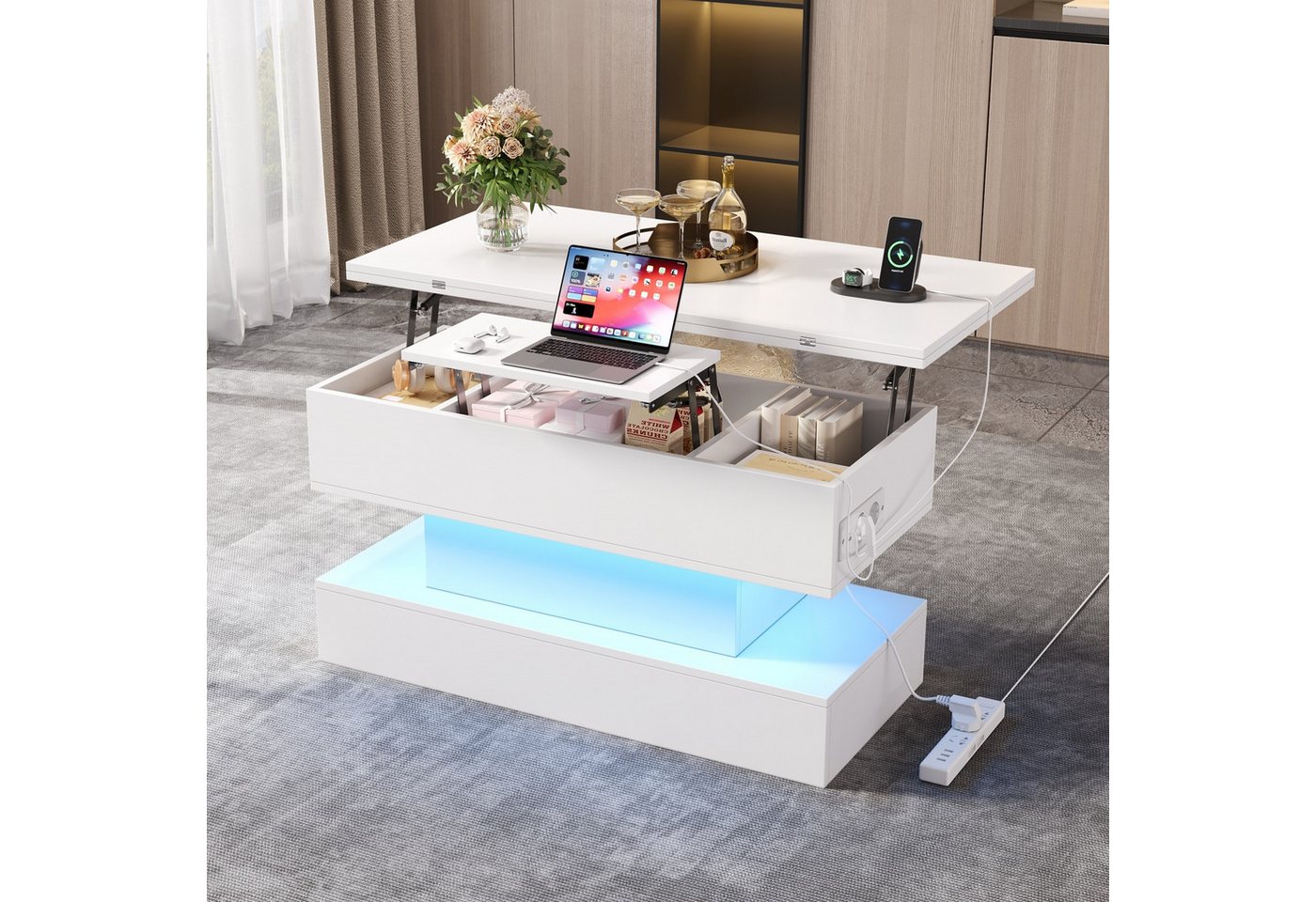 KLAM HOME Couchtisch Multifunktionaler Couchtisch mit Steckdose und LED-Beleuchtung (Höhenverstellbarer Sofatisch mit verstecktem Stauraum), Eleganter Beistelltisch in modernem Weiß von KLAM HOME
