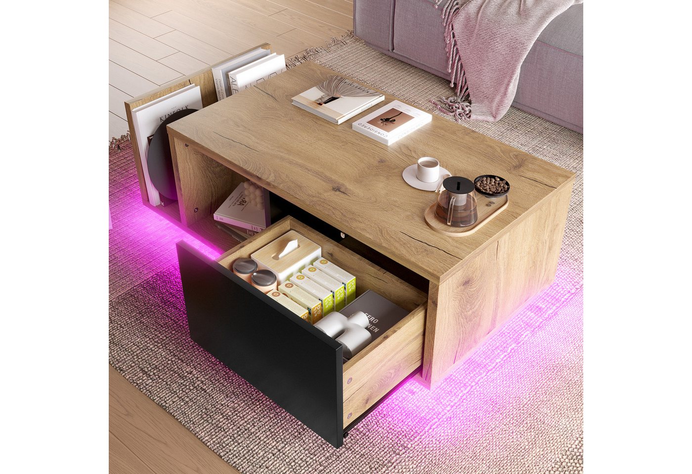 KLAM HOME Couchtisch Multifunktionales Retro-Sideboard mit integrierter LED-Beleleuchtung (zeitloses Holz-Metal-Design mit cleverem Stauraum), als Roomdivider, für individuell dimmbares Wohlfühl-Ambiente von KLAM HOME