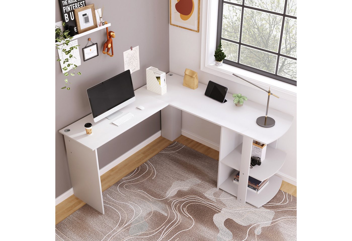 KLAM HOME Eckschreibtisch L-Förmiger Eckschreibtisch 140cm mit Ablagefach (Moderner Schreibtisch in Weiß mit Stauraum), Platzsparender Computertisch für Homeoffice von KLAM HOME