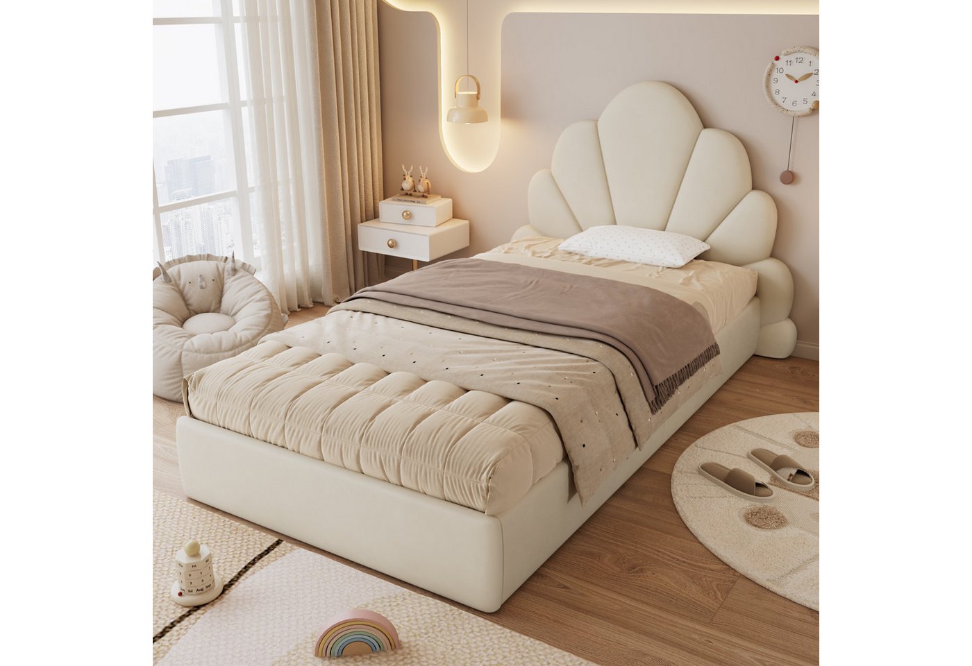 KLAM HOME Einzelbett Jugendbett, Polsterbett 90x200 mit Lattenrost und Kopfteil, Samt, Kopfteil mit geschwungenen Blütenblättern, stilvoll und bequem KLAM HOME Einzelbett Jugendbett, Polsterbett 90x200 mit Lattenrost und Kopfteil, Samt, Kopfteil mit geschwungenen Blütenblättern, stilvoll und bequem von KLAM HOME