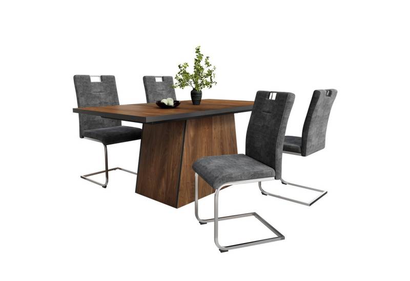 KLAM HOME Essgruppe Esszimmerstuhl-Set (5-teiliges Set 138.5×80cm), (mit 4 hellgrauen Metall-Esszimmerstühlen mit Fußrückenlehne), schlichter rechteckiger Esstisch mit dunkelbrauner Holzmaserung von KLAM HOME
