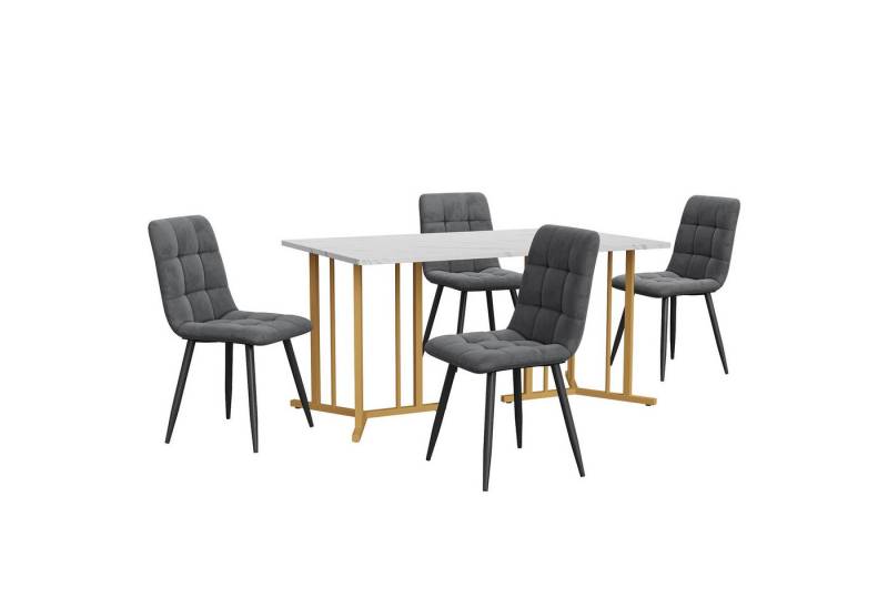 KLAM HOME Essgruppe Modernes Küchentisch-Set Samt-Esszimmerstühle Metallbeine Esstisch, (1 Esstisch mit 4 Stühlen), 140×80cm Tischplatte in Marmoroptik von KLAM HOME