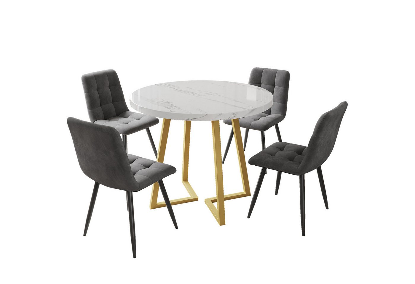 KLAM HOME Essgruppe Modernes Küchentisch-Set für Wohnzimmer Küche, (5-tlg., Esstisch-Set mit 4 Stühlen und 1 Runder Küchentisch), mit Metallbeinen,dunkelgraue Samt-Esszimmerstüh von KLAM HOME