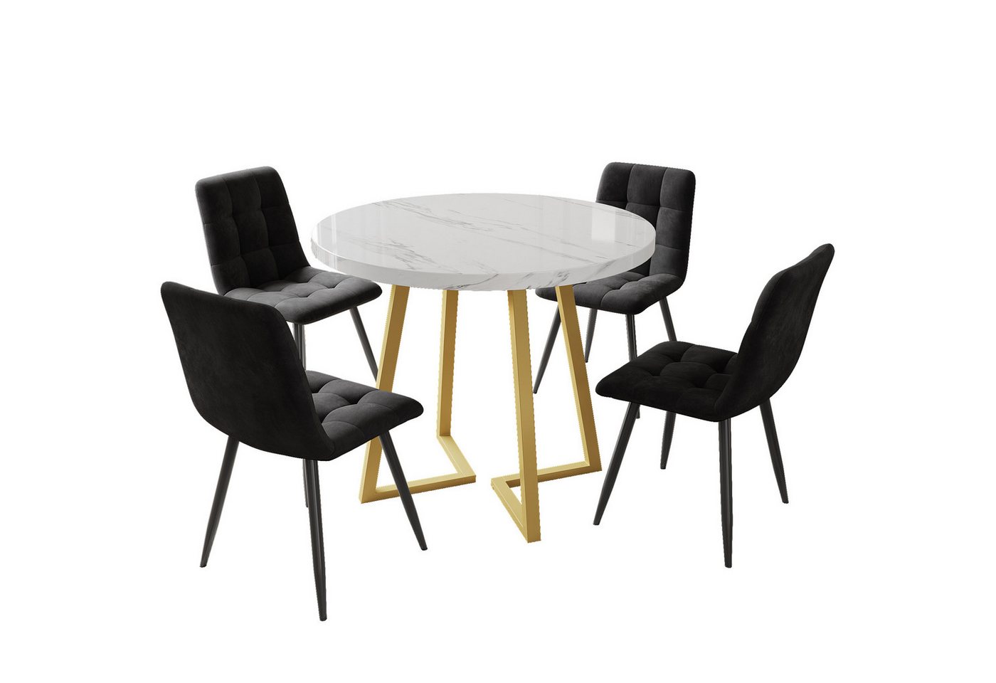 KLAM HOME Essgruppe Modernes Küchentisch-Set für Wohnzimmer Küche, (5-tlg., Esstisch-Set mit 4 Stühlen und 1 Runder Küchentisch), mit Metallbeinen,dunkelgraue Samt-Esszimmerstüh von KLAM HOME