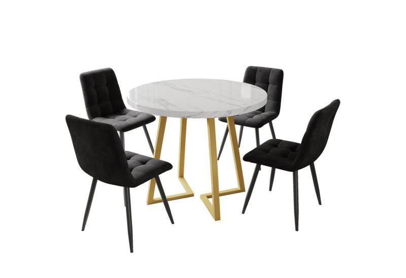 KLAM HOME Essgruppe Modernes Küchentisch-Set für Wohnzimmer Küche, (5-tlg., Esstisch-Set mit 4 Stühlen und 1 Runder Küchentisch), mit Metallbeinen,dunkelgraue Samt-Esszimmerstüh von KLAM HOME