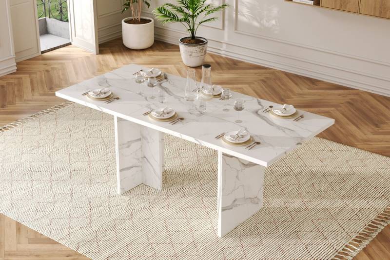 KLAM HOME Esstisch Ausziehbarer Esstisch In Weißem Marmor Look Für 6-8 Personen (Flexibler Esszimmer Tisch 140 Zu 180 Cm Mit Verdickter Platte), Moderner Küchentisch Mit T-Förmigen Beinen Und Staufach von KLAM HOME