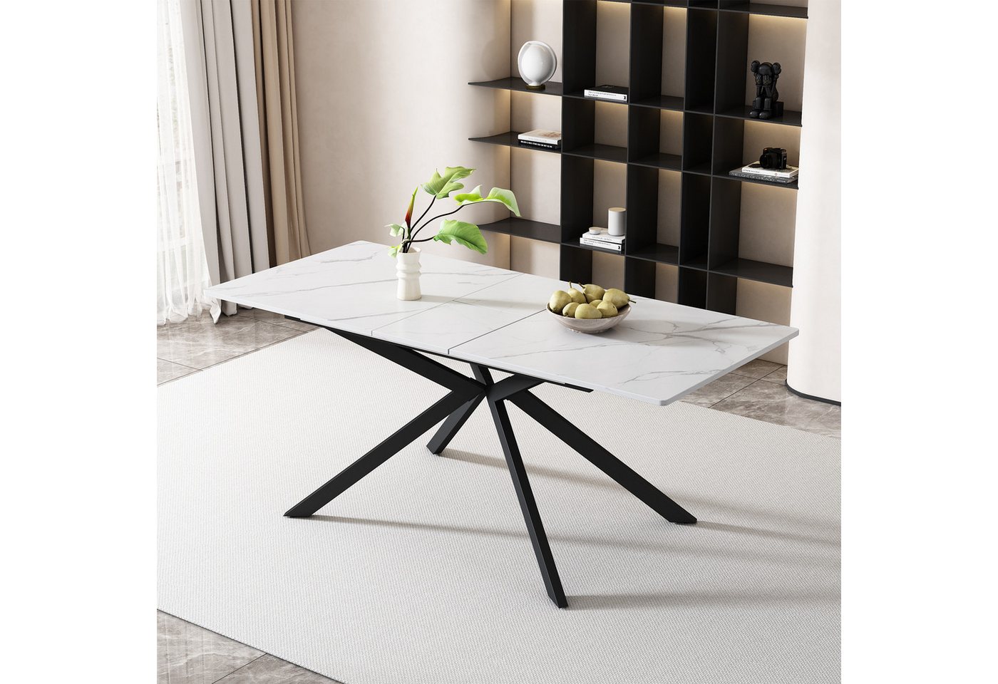 KLAM HOME Esstisch Erweiterbarer Esstisch Mit Automatischem Auszug Und Marmorstruktur (Modernes Kreuzbein Design In Schwarz Und Weiß Für Küche Und Wohnzimmer), Praktischer Multifunktionstisch Als Esstisch Und Couchtisch Nutzbar von KLAM HOME