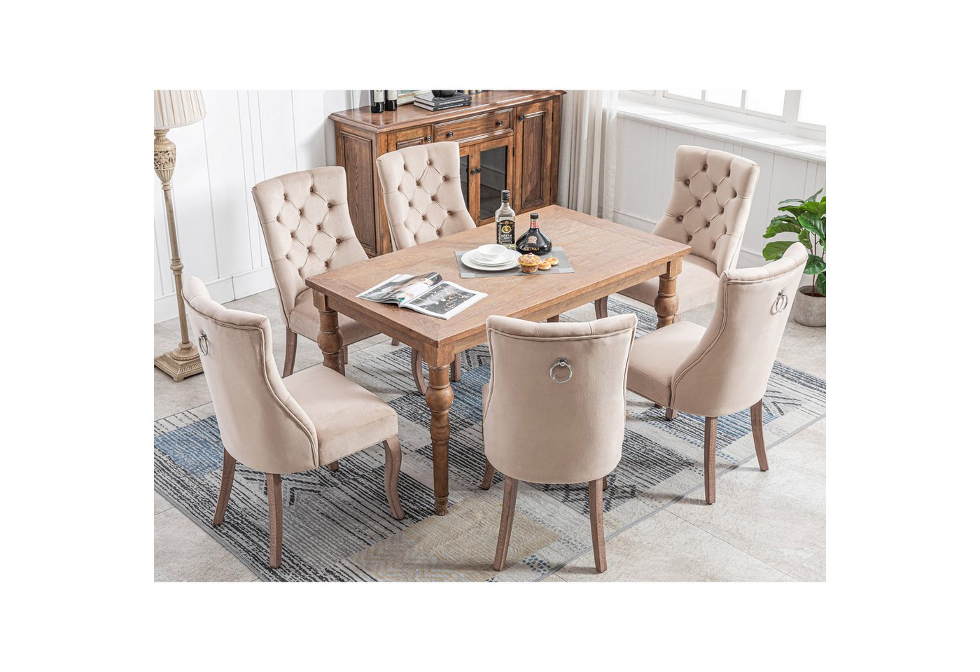 KLAM HOME Esszimmerstuhl 4-Fußstuhl, Stuhl Beige Samt Esszimmerstuhl,hohe Rückenlehne (mit Knopfsteppung, Gestell aus Massivholz, Beige(Set, 2 St), Ideal für Küche, Wohnzimmer, Home-Office von KLAM HOME