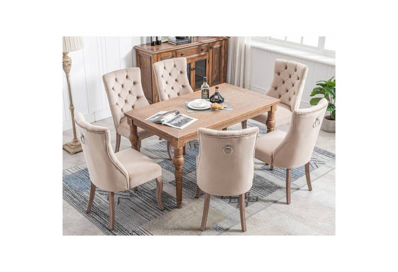 KLAM HOME Esszimmerstuhl 4-Fußstuhl, Stuhl Beige Samt Esszimmerstuhl,hohe Rückenlehne (mit Knopfsteppung, Gestell aus Massivholz, Beige(Set, 2 St), Ideal für Küche, Wohnzimmer, Home-Office von KLAM HOME