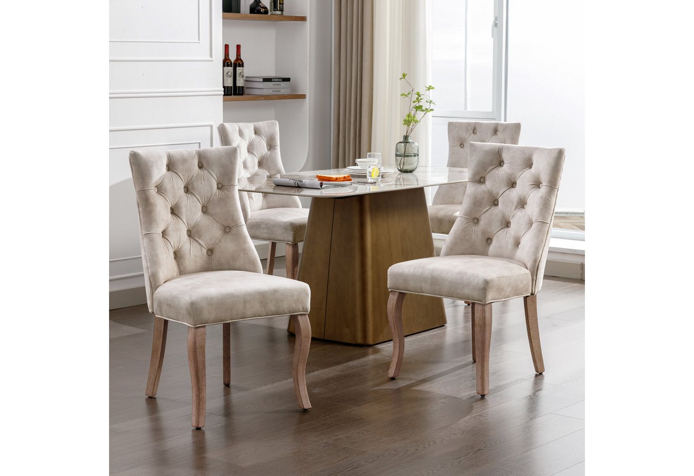 KLAM HOME Esszimmerstuhl 4-Fußstuhl, Stuhl Beige Samt Esszimmerstuhl,hohe Rückenlehne (mit Knopfsteppung, Gestell aus Massivholz, Beige(Set, 2 St), Ideal für Küche, Wohnzimmer, Home-Office von KLAM HOME