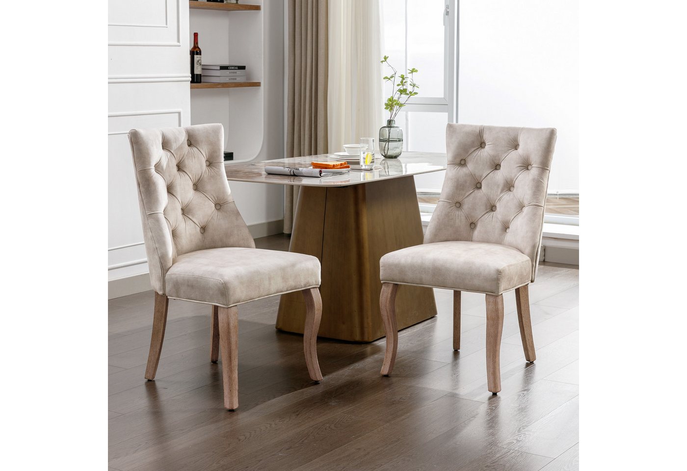 KLAM HOME Esszimmerstuhl 4-Fußstuhl, Stuhl Beige Samt Esszimmerstuhl,hohe Rückenlehne (mit Knopfsteppung, Gestell aus Massivholz, Beige(Set, 2 St), Ideal für Küche, Wohnzimmer, Home-Office von KLAM HOME