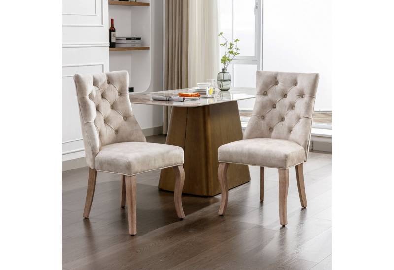 KLAM HOME Esszimmerstuhl 4-Fußstuhl, Stuhl Beige Samt Esszimmerstuhl,hohe Rückenlehne (mit Knopfsteppung, Gestell aus Massivholz, Beige(Set, 2 St), Ideal für Küche, Wohnzimmer, Home-Office von KLAM HOME