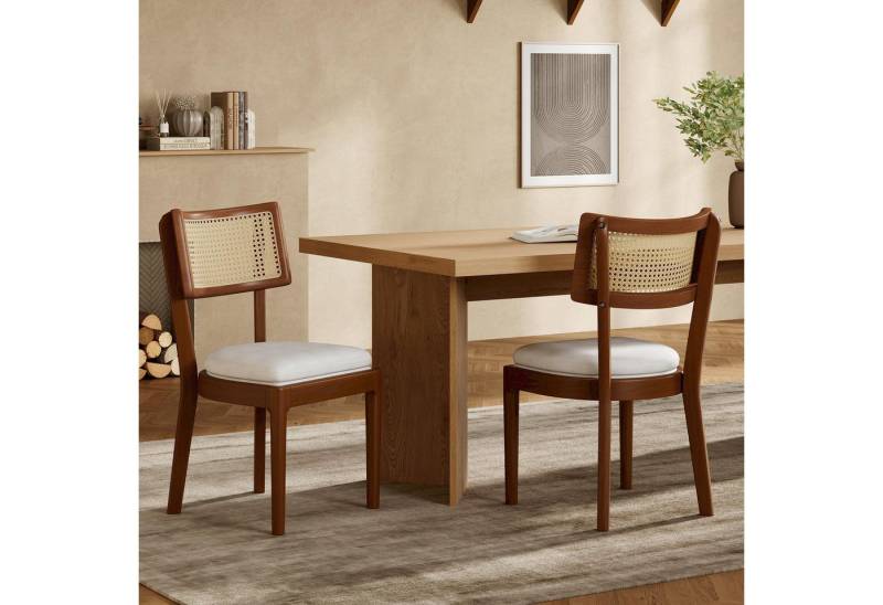 KLAM HOME Esszimmerstuhl Esszimmerstühle aus Massivholz mit Rattanlehne (Bequeme Sitzmöbel mit Samtkissen), Stilvolle Stühle für Essbereich, Wohnzimmer und Cafe von KLAM HOME